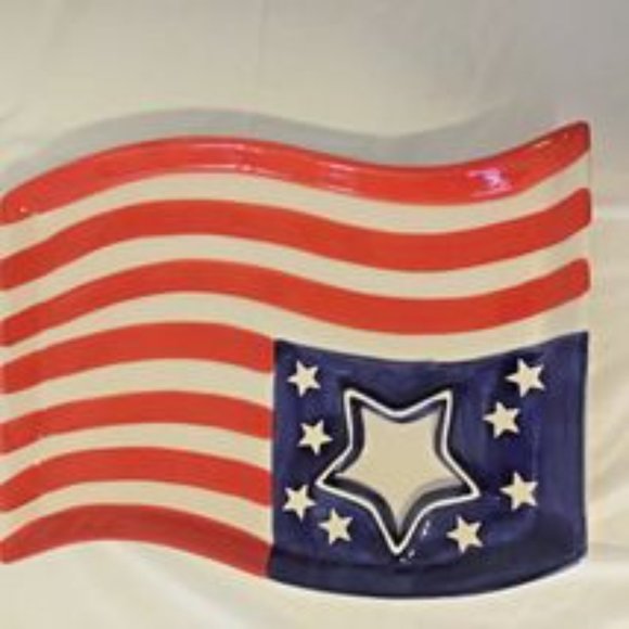 Chip & Dip Tray Set Ceramic Red White & Blue Flying Flag Kitchen Worthey Server - Picture 4 of 7